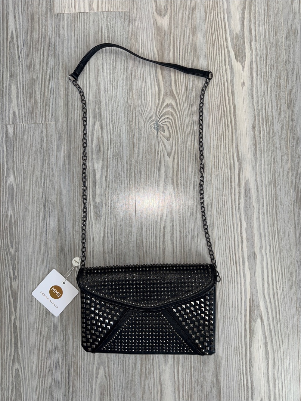 MMS Design Studio Black Studded Chain Crossbody Bag, new without tags